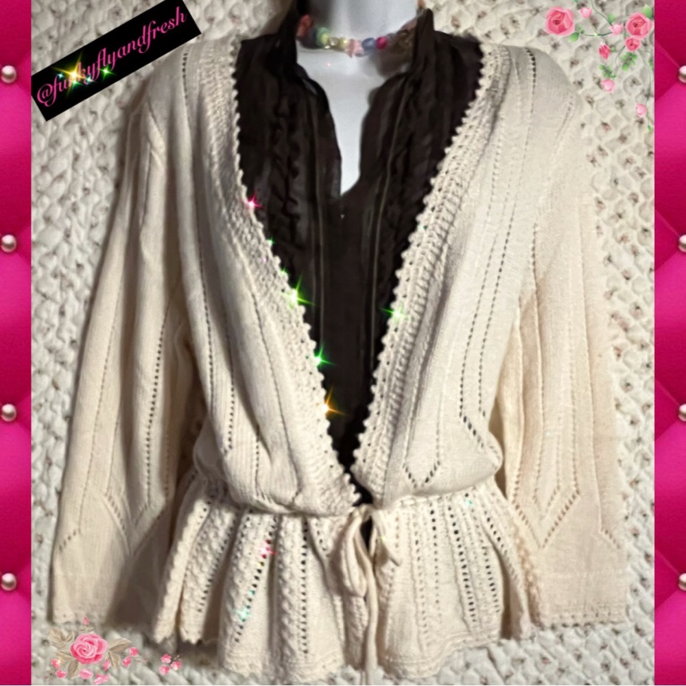 Rare vintage NWOT Nine West 49% wool cream colored crocheted cardigan Sz L.
